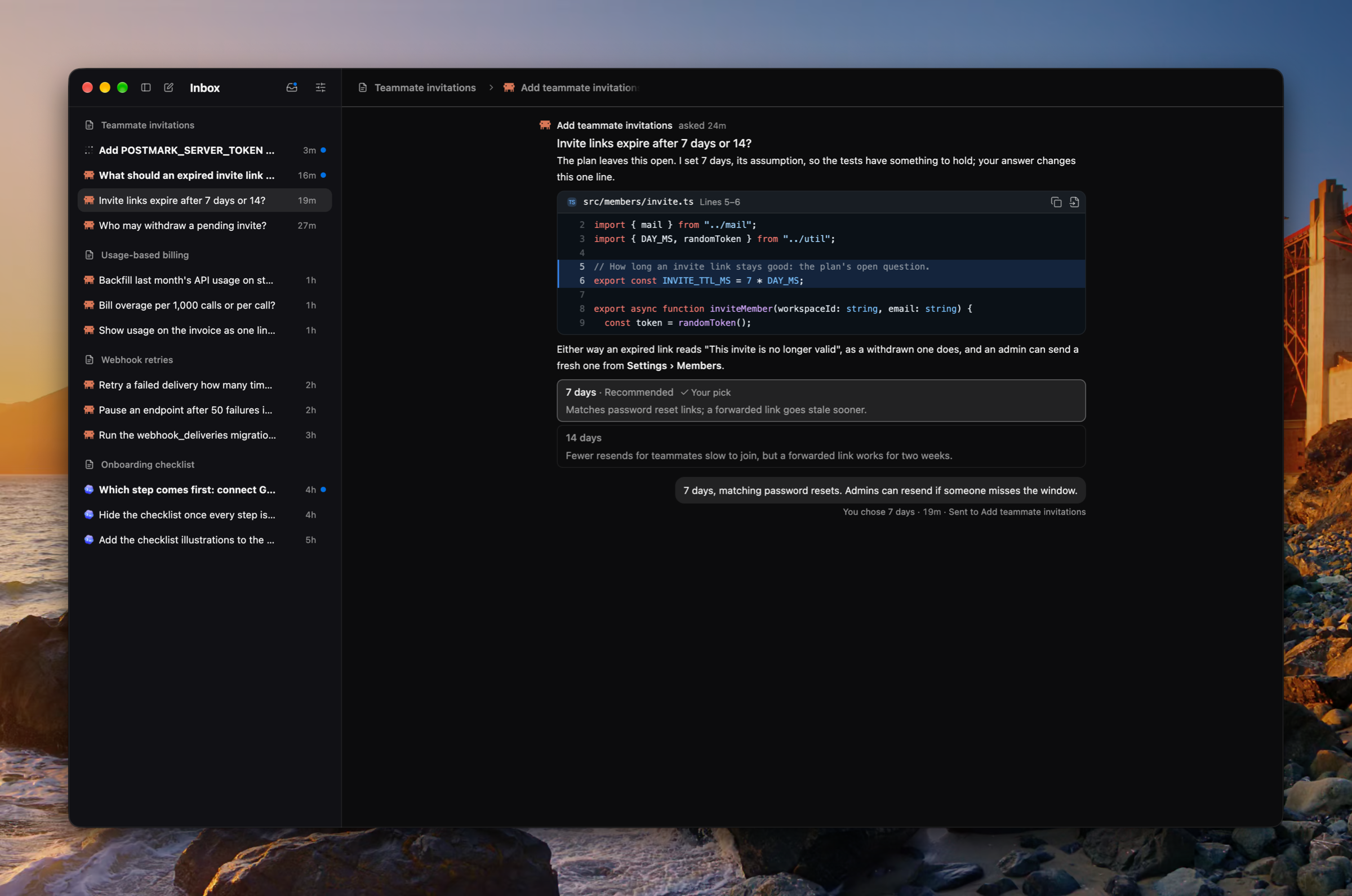 The Inbox with the sidebar folded: items grouped by plan, three needing you marked with a dot, and a settled decision read beside them with 7 days marked as your pick and your reply under it.