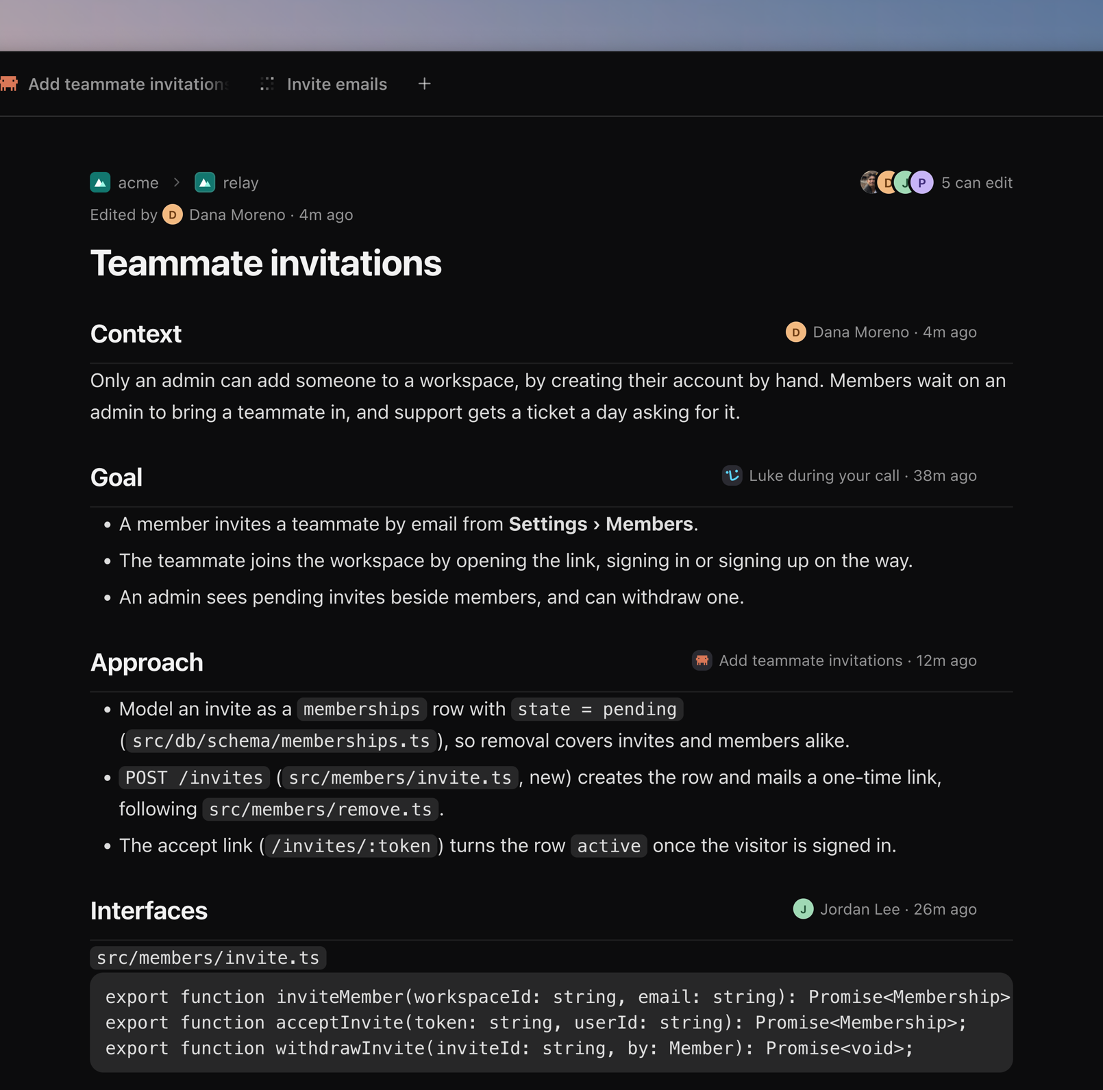 The Teammate invitations plan, edited by Dana Moreno on her face under its acme › relay crumb and the five who can edit it, its sections signed by Dana, Luke during your call, a coding agent, and Jordan Lee.